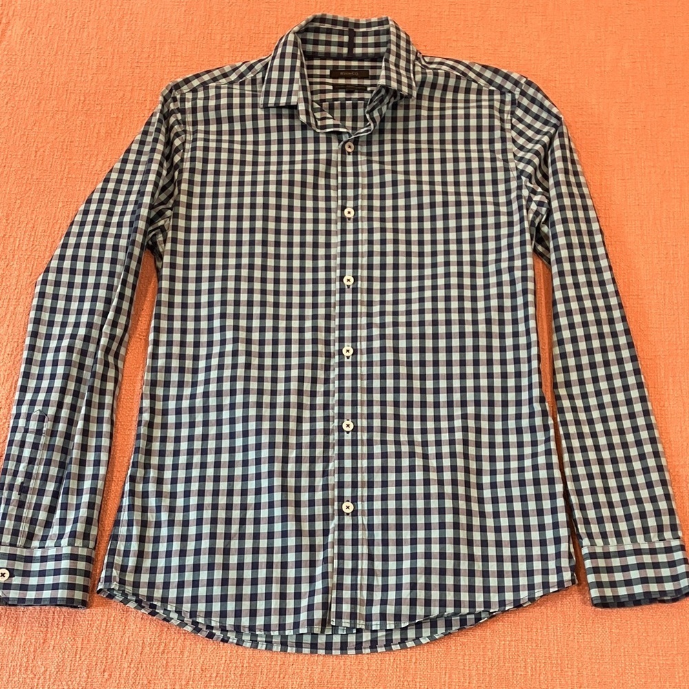 Slim fit small men’s Navy / light blue Checkered long sleeve button Shirt
